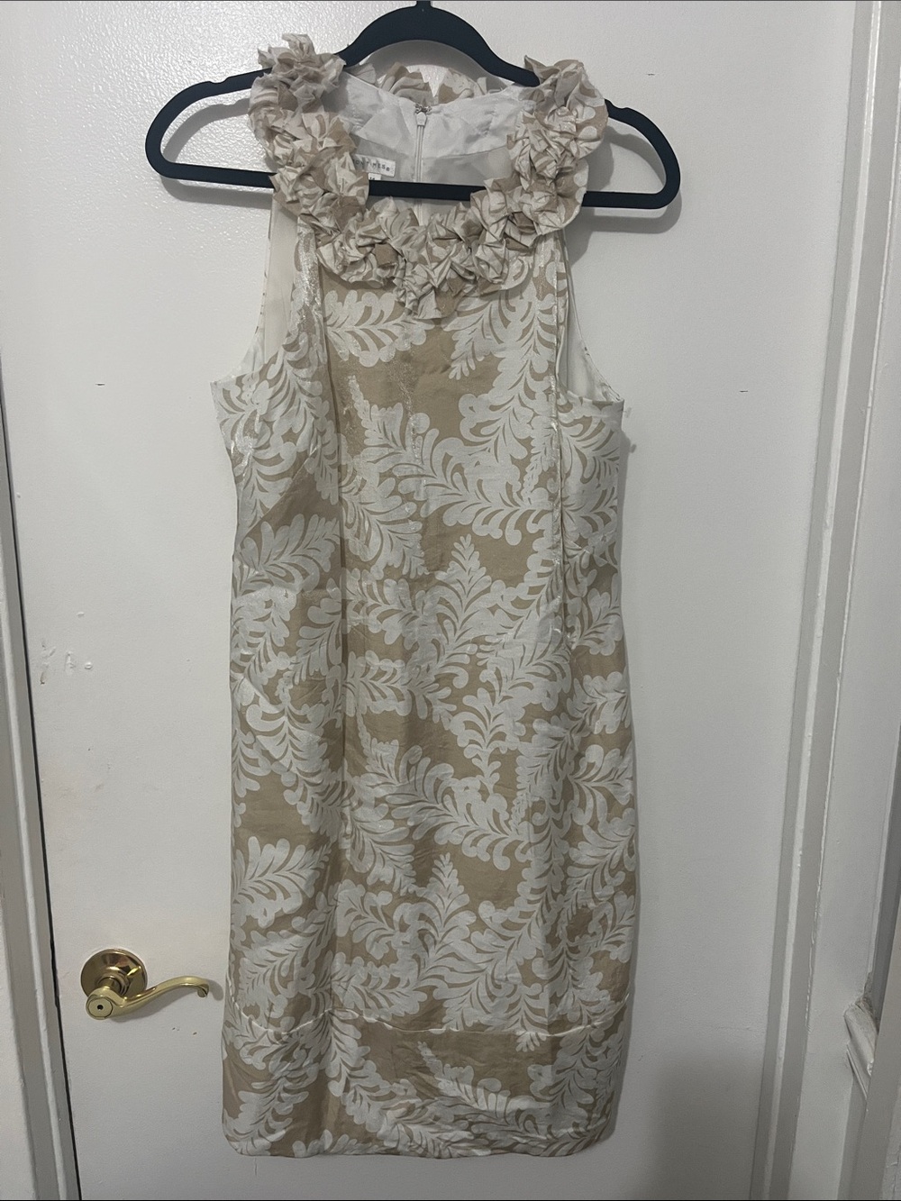 London Times Sleeveless Floral Jacquard Midi Dress with Rosette Neckline